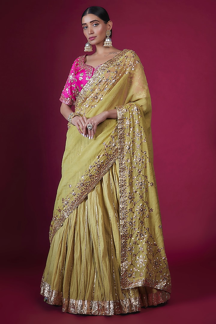 Green Cotton Gota Embroidered Crushed Bridal Lehenga Set by Faabiiana at Pernia's Pop Up Shop