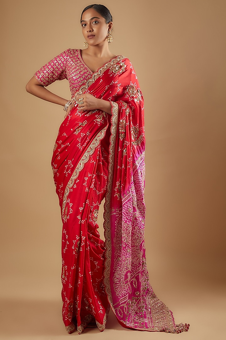 Red & Rani Pink Silk Embroidered Bandhani Saree Set by Faabiiana