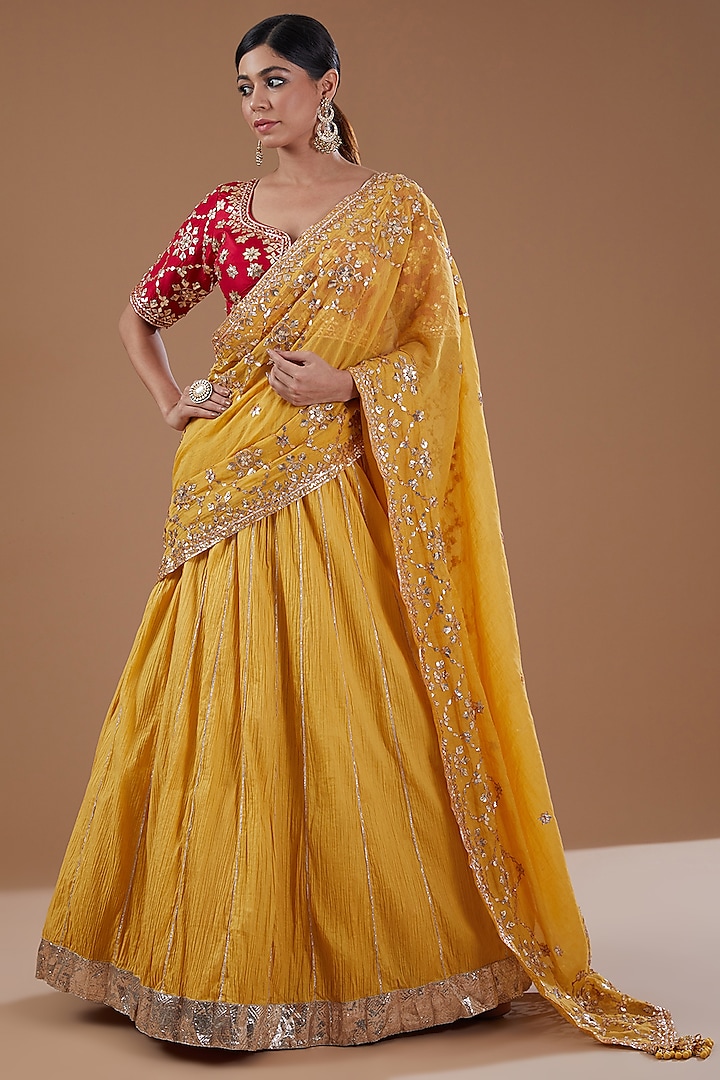 Mustard Yellow Cotton Gota Embroidered Bridal Lehenga Set by Faabiiana at Pernia's Pop Up Shop