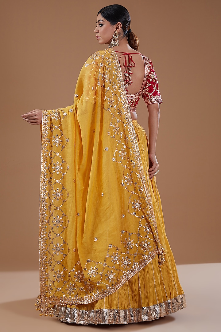 Mustard Yellow Cotton Gota Embroidered Bridal Lehenga Set by Faabiiana at Pernia's Pop Up Shop
