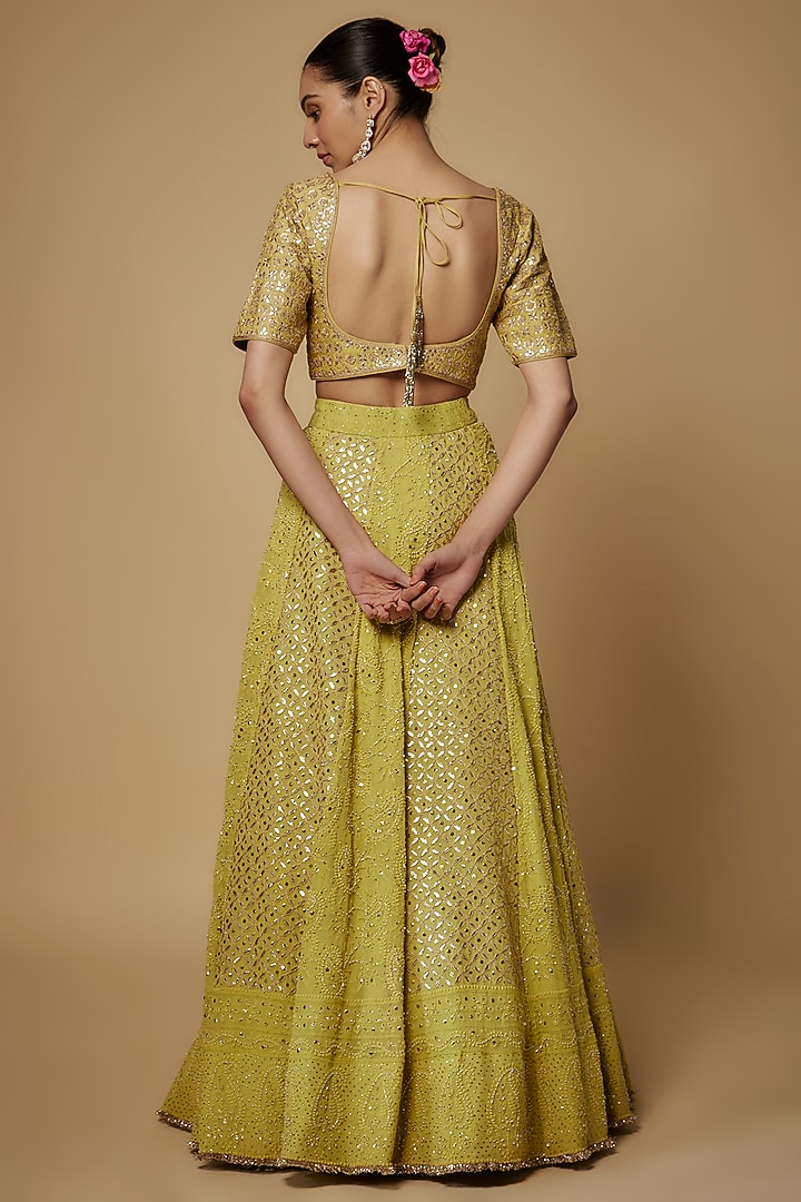 Mehendi Green Chikankari Mukaish Embroidered Bridal Lehenga Set by Faabiiana at Pernia's Pop Up Shop
