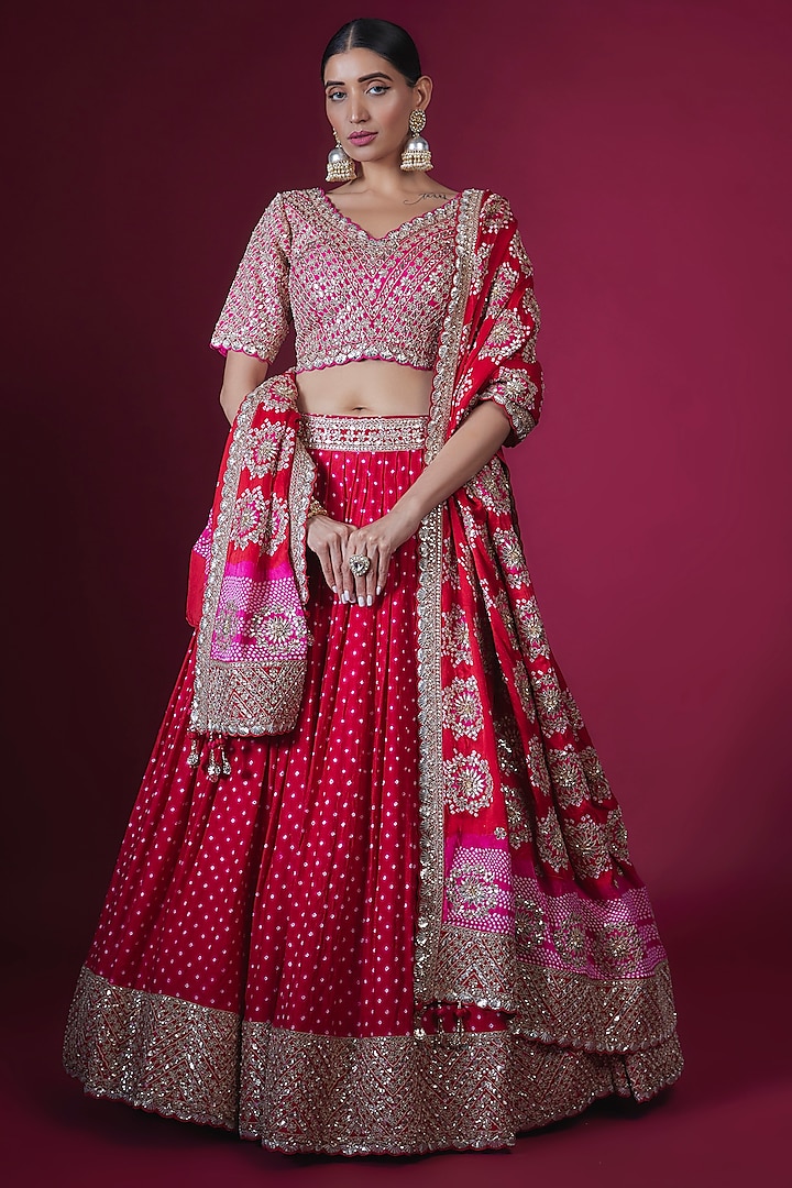 Red Bandhani Gota Embroidered Bridal Lehenga Set by Faabiiana at Pernia's Pop Up Shop