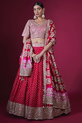 Red Bandhani Gota Embroidered Lehenga Set by Faabiiana