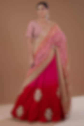 Red-Pink Silk Mukaish Embroidered Crushed Bridal Lehenga Set by Faabiiana at Pernia's Pop Up Shop