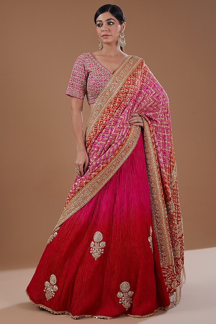 Red-Pink Silk Mukaish Embroidered Crushed Bridal Lehenga Set by Faabiiana at Pernia's Pop Up Shop