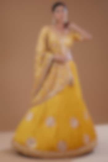 Mustard Silk Gota Embroidered Crushed Bridal Lehenga Set by Faabiiana at Pernia's Pop Up Shop