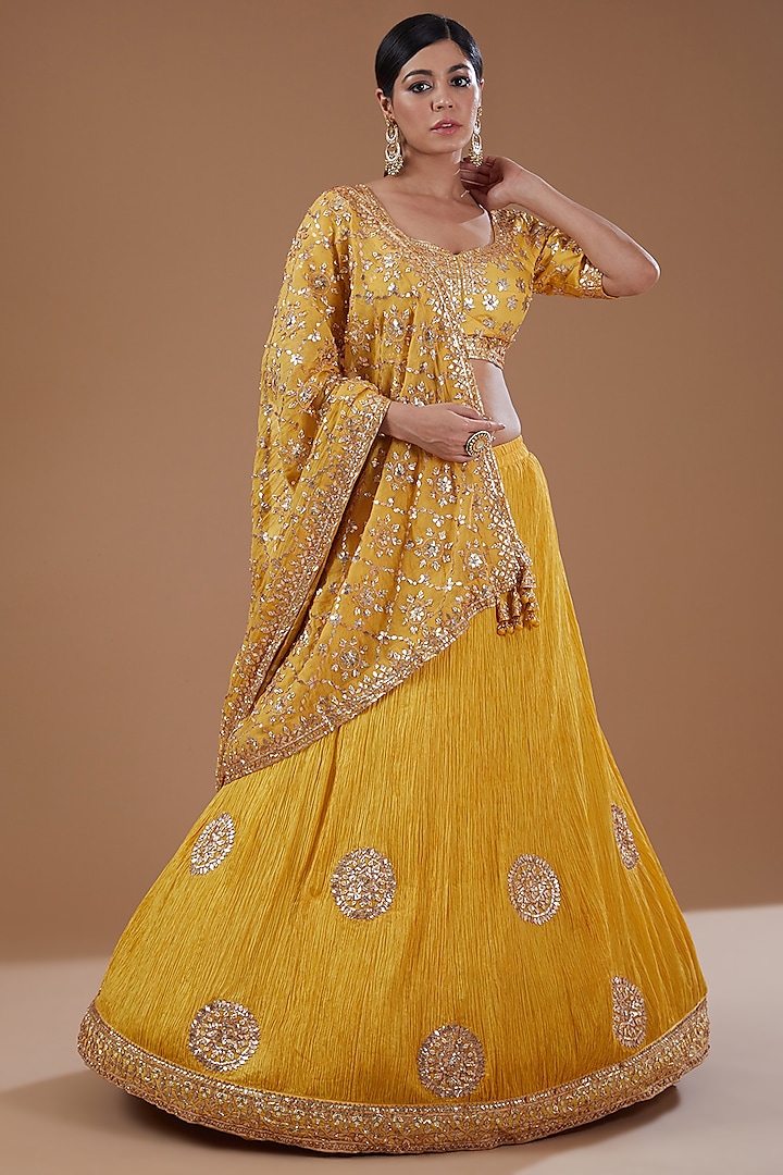 Mustard Silk Gota Embroidered Crushed Bridal Lehenga Set by Faabiiana at Pernia's Pop Up Shop
