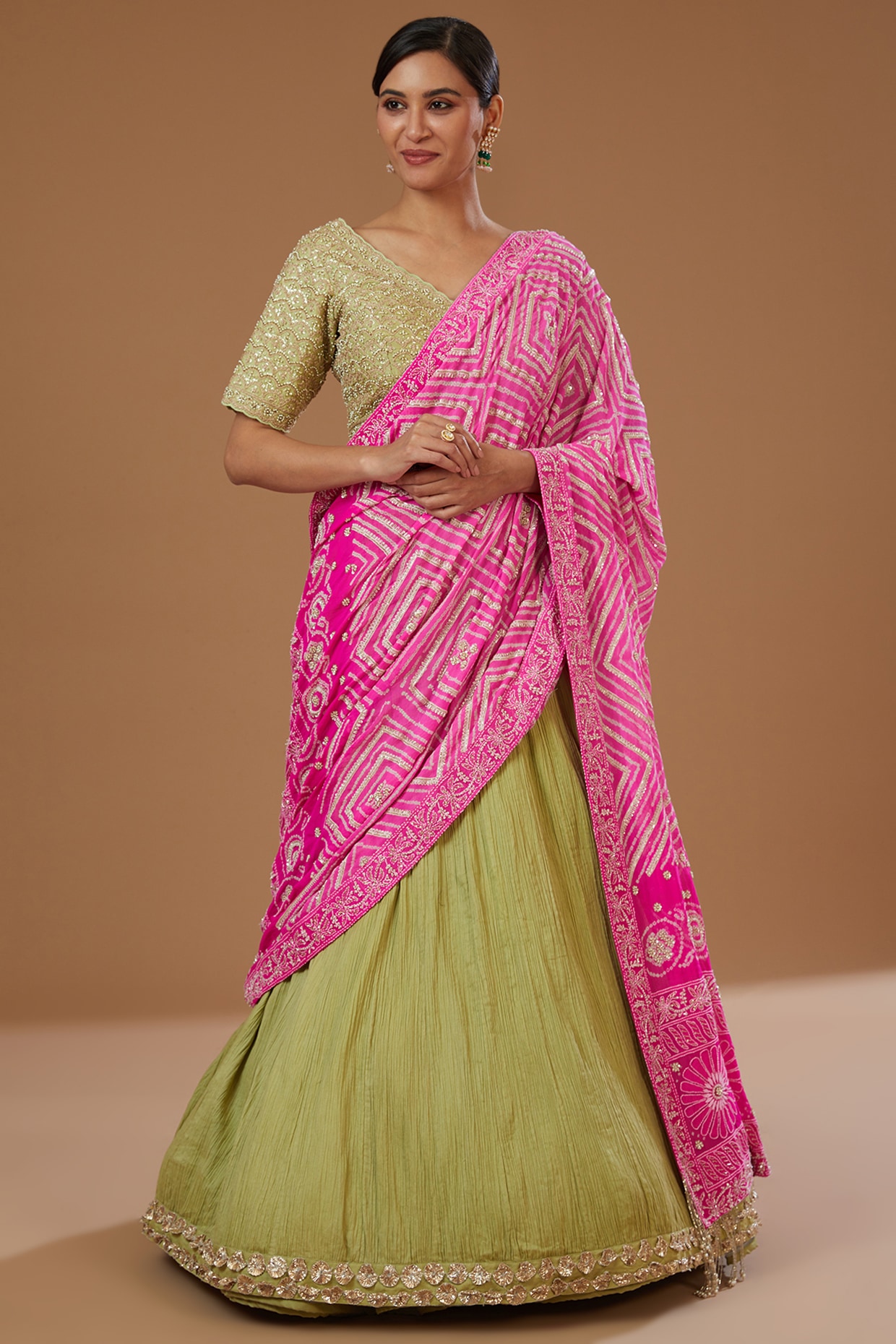 Buy Women Green Organza Wedding Lehenga Choli with Dupatta -Inddus.in.