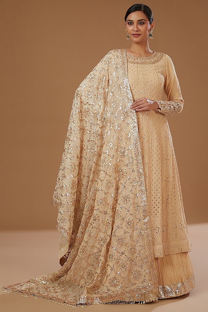 Beige Chikankari Anarkali Set by Faabiiana at Pernia's Pop Up Shop