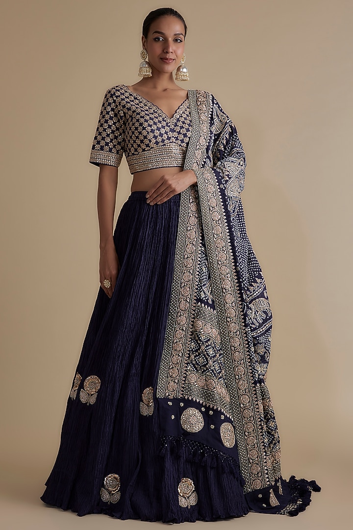 Navy Blue Silk Crushed Bridal Lehenga Set by Faabiiana at Pernia's Pop Up Shop
