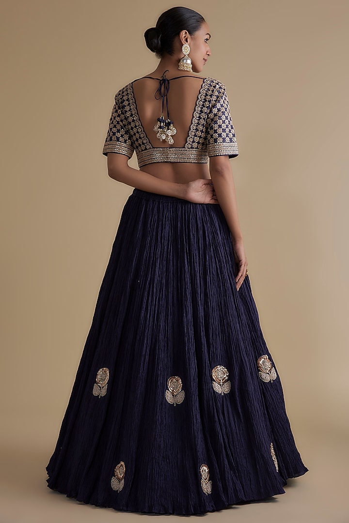 Navy Blue Silk Crushed Bridal Lehenga Set by Faabiiana at Pernia's Pop Up Shop