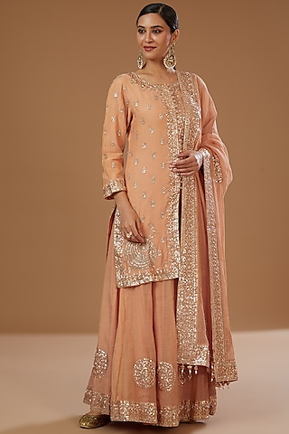 Peach Silk Sharara Set by Faabiiana
