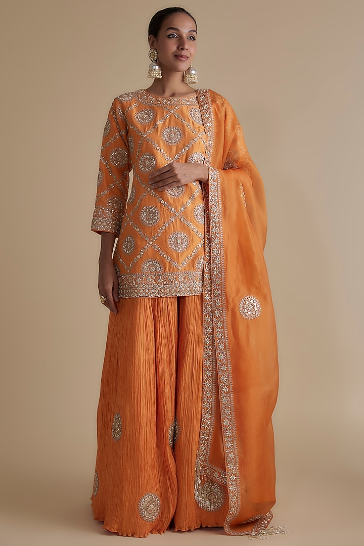 Orange Silk Gota Patti Work Crushed Bridal Sharara Set by Faabiiana at Pernia's Pop Up Shop