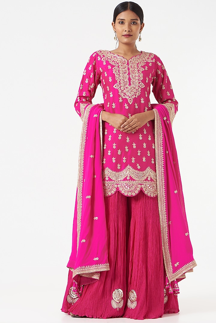 Fuchsia Crushed Cotton Sharara Set by Faabiiana