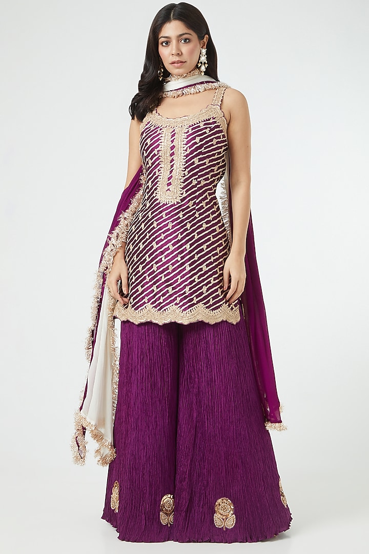 Purple Crushed Cotton Sharara Set by Faabiiana