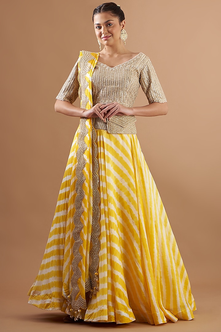 Butter Yellow Embroidered & Printed Lehenga Set by Faabiiana