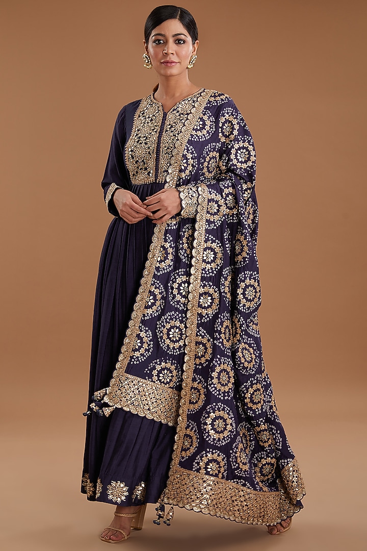 Navy Blue Silk Bridal Anarkali Set by Faabiiana at Pernia's Pop Up Shop