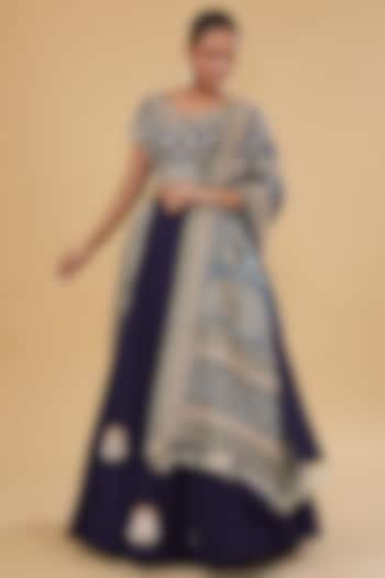 Navy Blue Silk Crushed Bridal Lehenga Set by Faabiiana at Pernia's Pop Up Shop