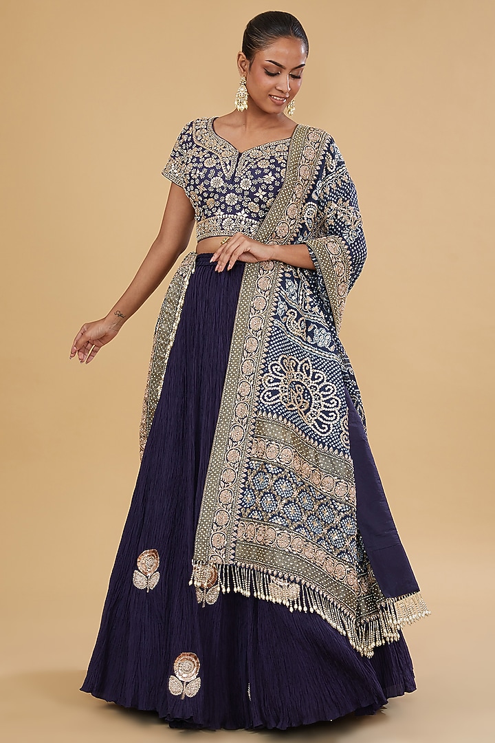 Navy Blue Silk Crushed Bridal Lehenga Set by Faabiiana at Pernia's Pop Up Shop