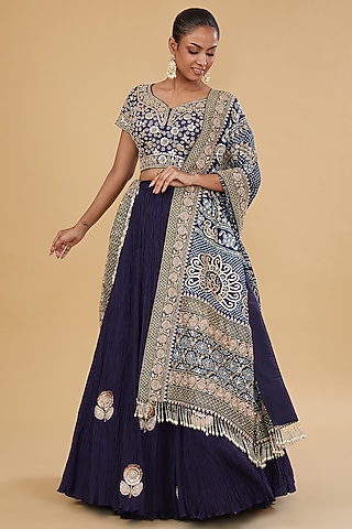 Navy Blue Silk Crushed Lehenga Set by Faabiiana