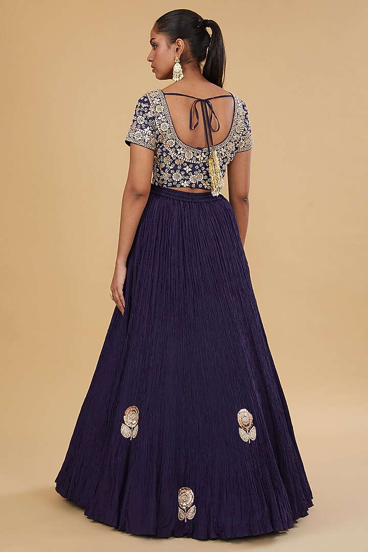 Navy Blue Silk Crushed Bridal Lehenga Set by Faabiiana at Pernia's Pop Up Shop