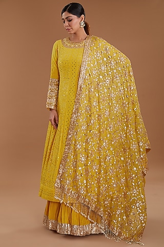 Yellow Chikankari Anarkali Set by Faabiiana