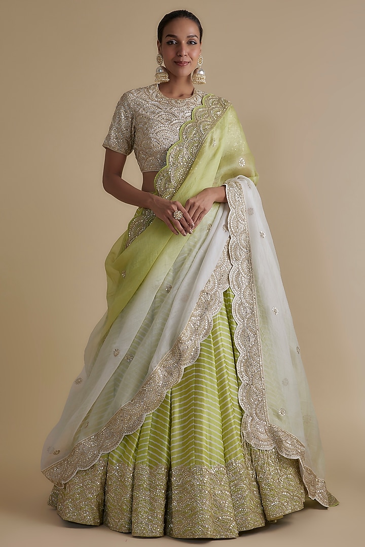 Ivory & Green Silk Shaded Bridal Lehenga Set by Faabiiana at Pernia's Pop Up Shop