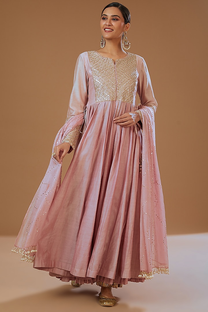 Onion Pink Silk Anarkali Set by Faabiiana