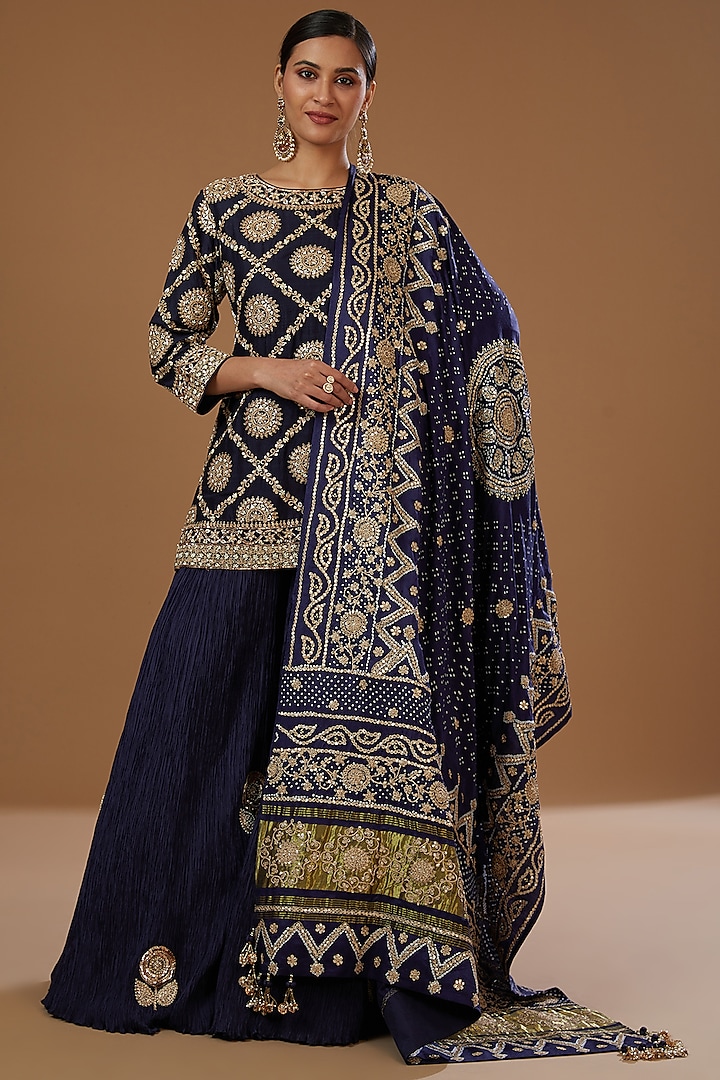 Navy Blue Silk Crushed Sharara Set by Faabiiana at Pernia's Pop Up Shop