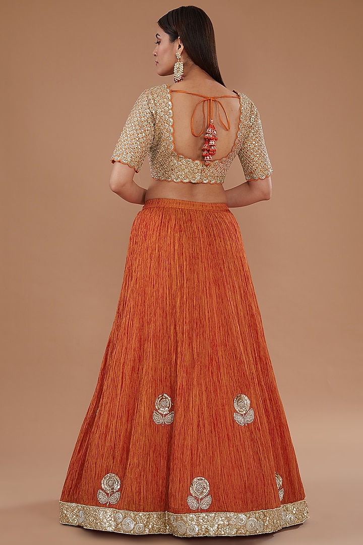 Tangerine Orange Crushed Silk Bridal Lehenga Set by Faabiiana at Pernia's Pop Up Shop