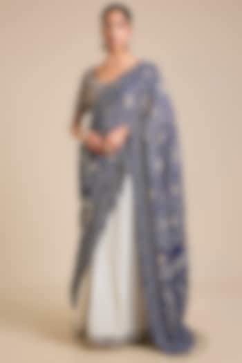 Blue & White Cotton Reception Lehenga Saree Set by Faabiiana at Pernia's Pop Up Shop