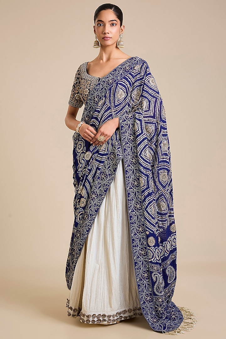 Blue & White Cotton Reception Lehenga Saree Set by Faabiiana at Pernia's Pop Up Shop