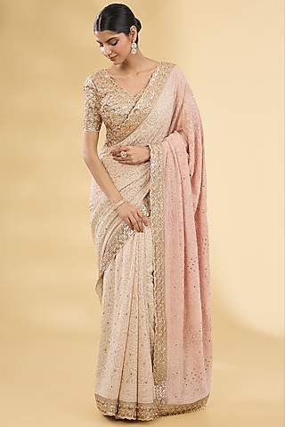 Pink Ombre Chikankari Saree Set by Faabiiana