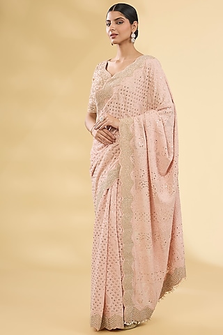 Powder Pink Chikankari Saree Set by Faabiiana