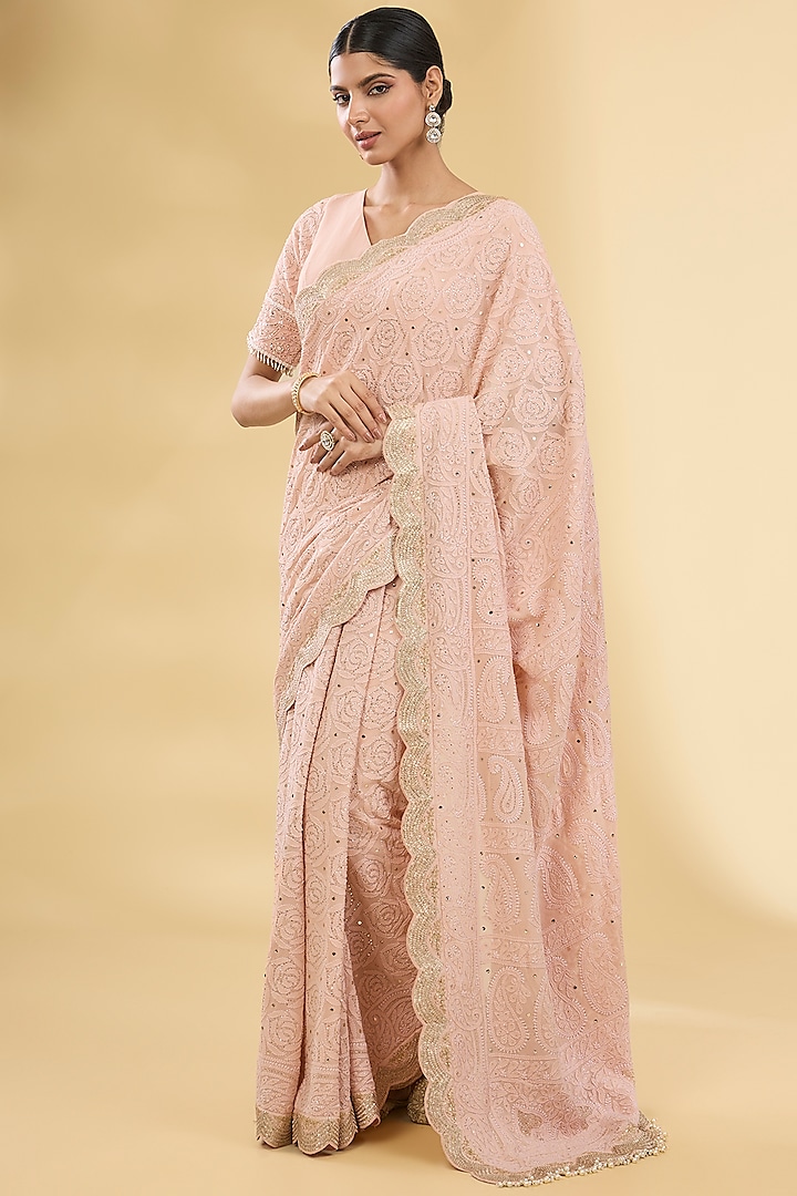 Peach-Pink Rose Chikankari Saree Set by Faabiiana at Pernia's Pop Up Shop