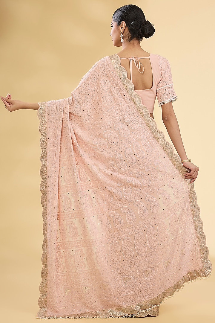 Peach-Pink Rose Chikankari Bridal Saree Set by Faabiiana at Pernia's Pop Up Shop