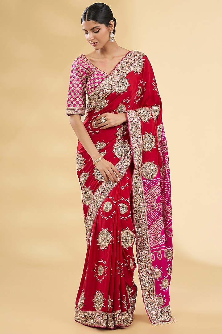 Red Gajji Bandhani Saree Set by Faabiiana at Pernia's Pop Up Shop