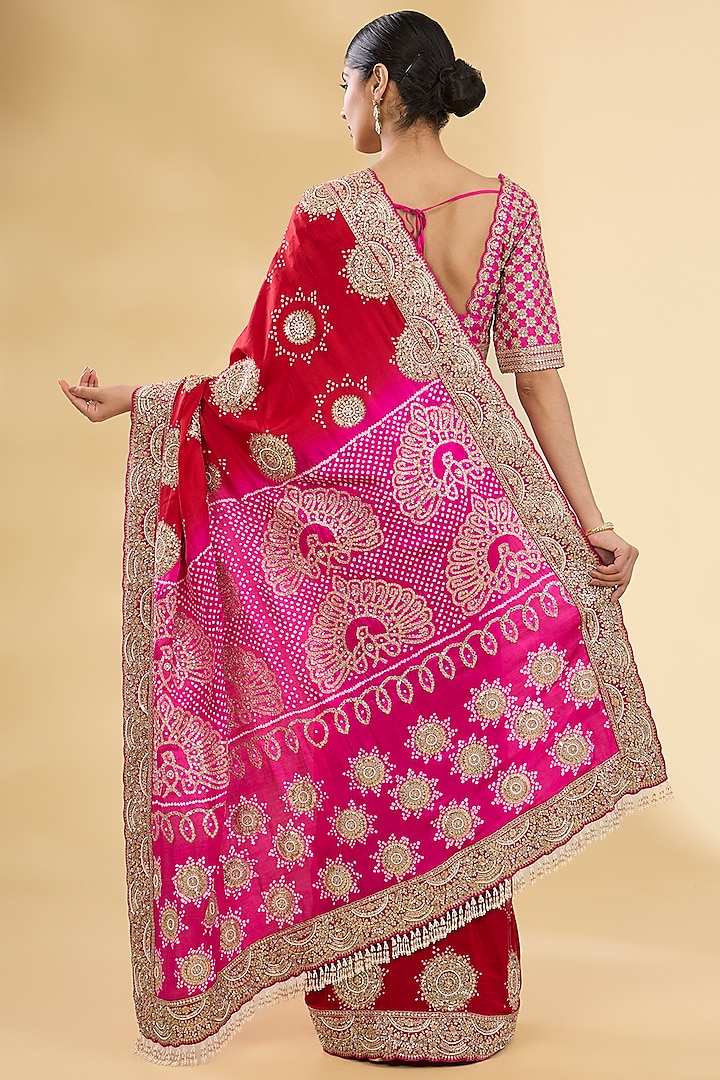 Red Gajji Bandhani Bridal Saree Set by Faabiiana at Pernia's Pop Up Shop
