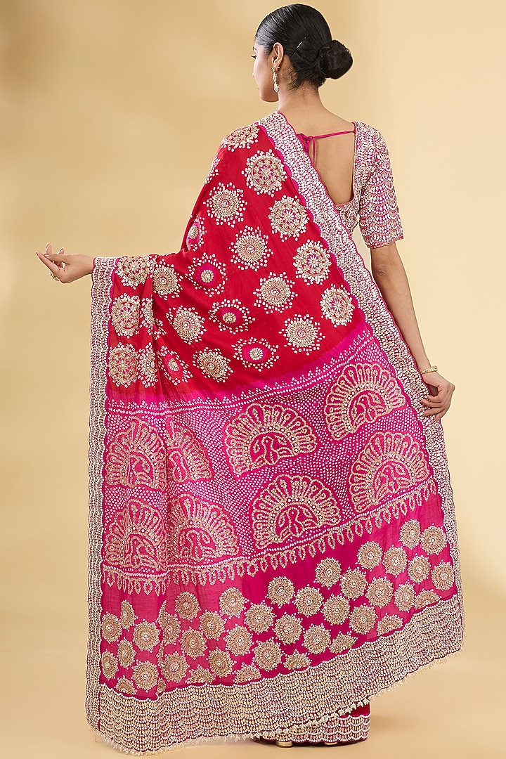 Red & Pink Bandhani Bridal Saree Set by Faabiiana at Pernia's Pop Up Shop