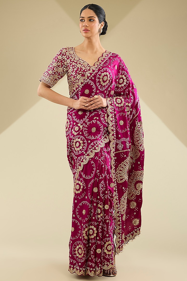 Pink Gajji Silk Bandhani Saree Set by Faabiiana at Pernia's Pop Up Shop