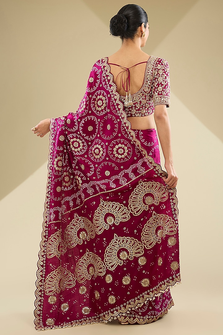 Pink Gajji Silk Bandhani Reception Saree Set by Faabiiana at Pernia's Pop Up Shop