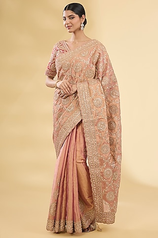 Rust Orange Banarasi Tissue Gota Work Saree Set by Faabiiana