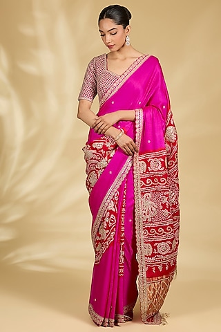 Rani Pink Gajji Silk Bandhani Saree Set by Faabiiana