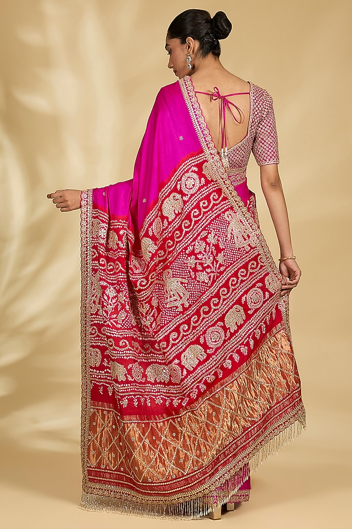 Rani Pink Gajji Silk Bandhani Bridal Saree Set by Faabiiana at Pernia's Pop Up Shop