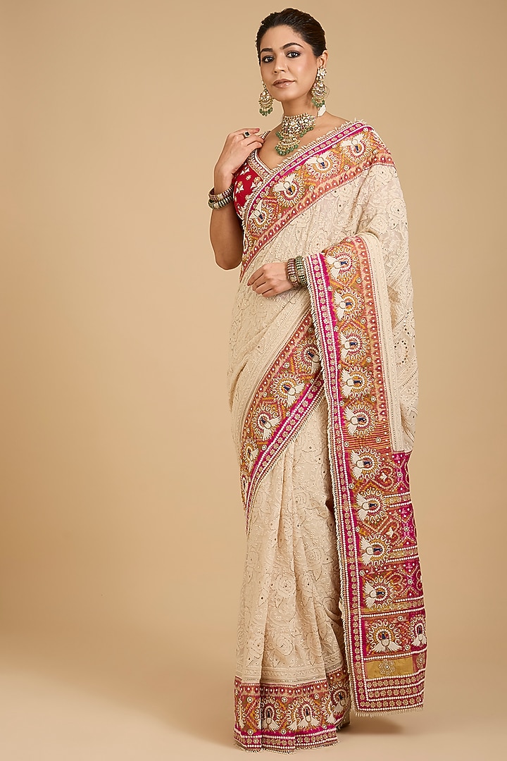 Ivory Pink Georgette Chikankari Bridal Saree Set by Faabiiana at Pernia's Pop Up Shop