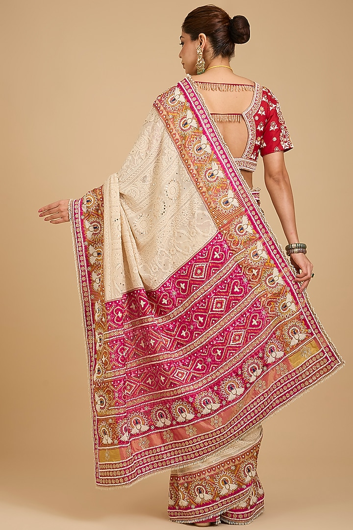 Ivory Pink Georgette Chikankari Bridal Saree Set by Faabiiana at Pernia's Pop Up Shop