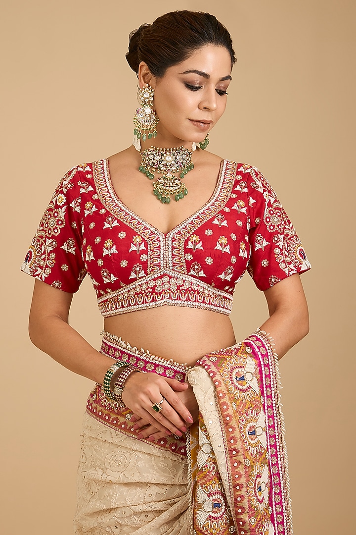 Ivory Pink Georgette Chikankari Bridal Saree Set by Faabiiana at Pernia's Pop Up Shop