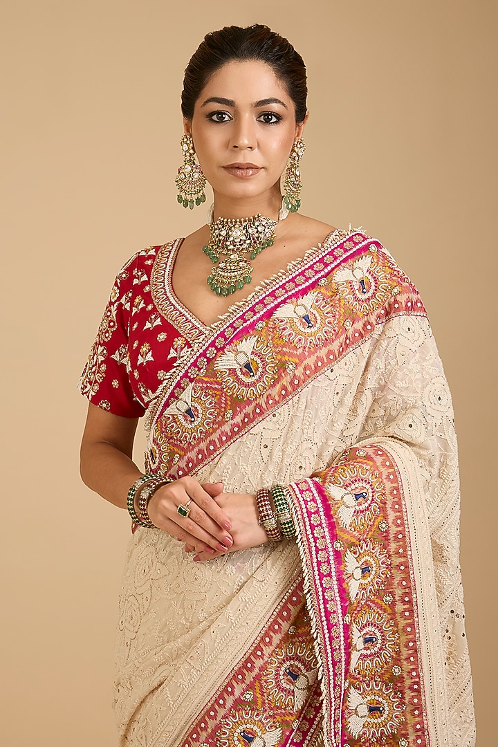 Ivory Pink Georgette Chikankari Bridal Saree Set by Faabiiana at Pernia's Pop Up Shop