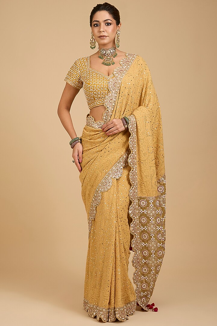 Yellow Chikankari Georgette Bridal Saree Set by Faabiiana at Pernia's Pop Up Shop
