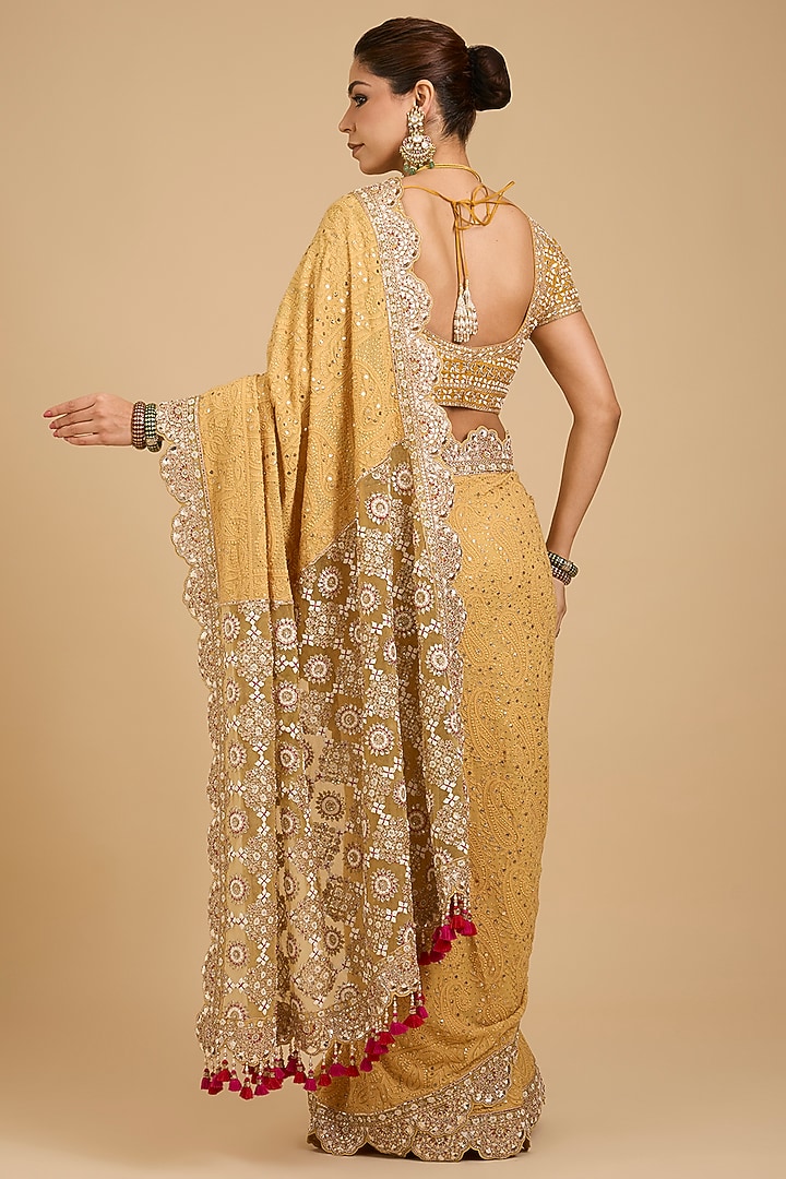 Yellow Chikankari Georgette Bridal Saree Set by Faabiiana at Pernia's Pop Up Shop